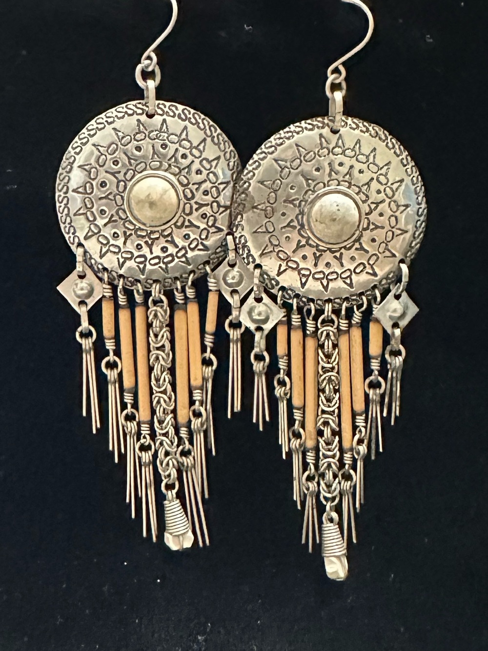Vintage Bohemian Silver-Tone Fringe Concho Earrings with Tan Accents Tribal - Picture 1 of 5